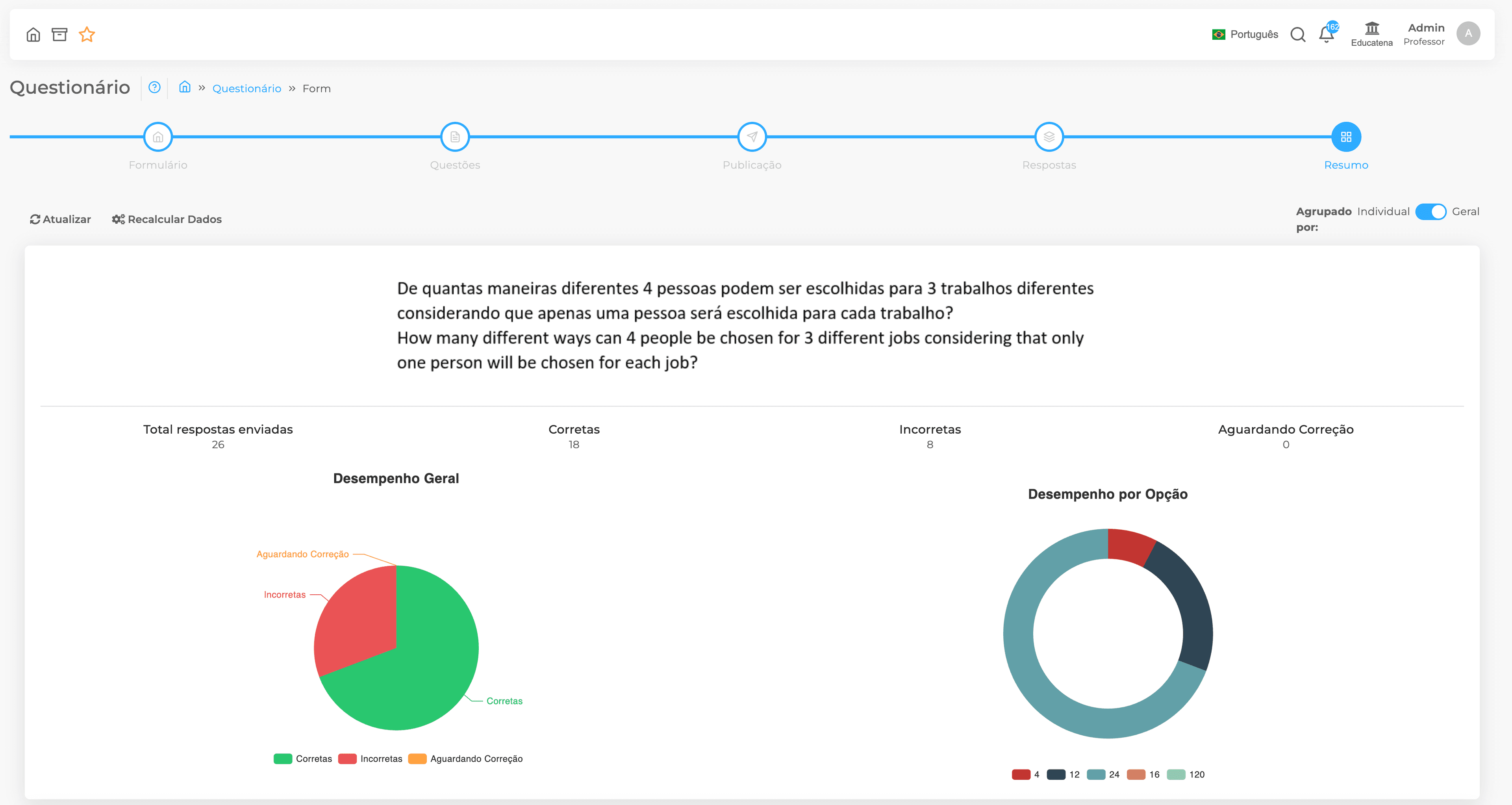 Écran réel du rapport de performance d'une évaluation en ligne Educatena