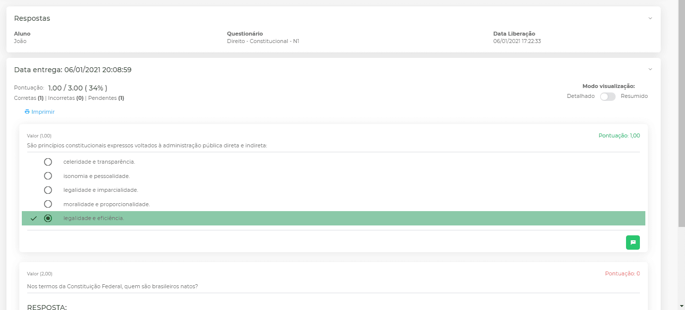 Digital report with results of an assessment