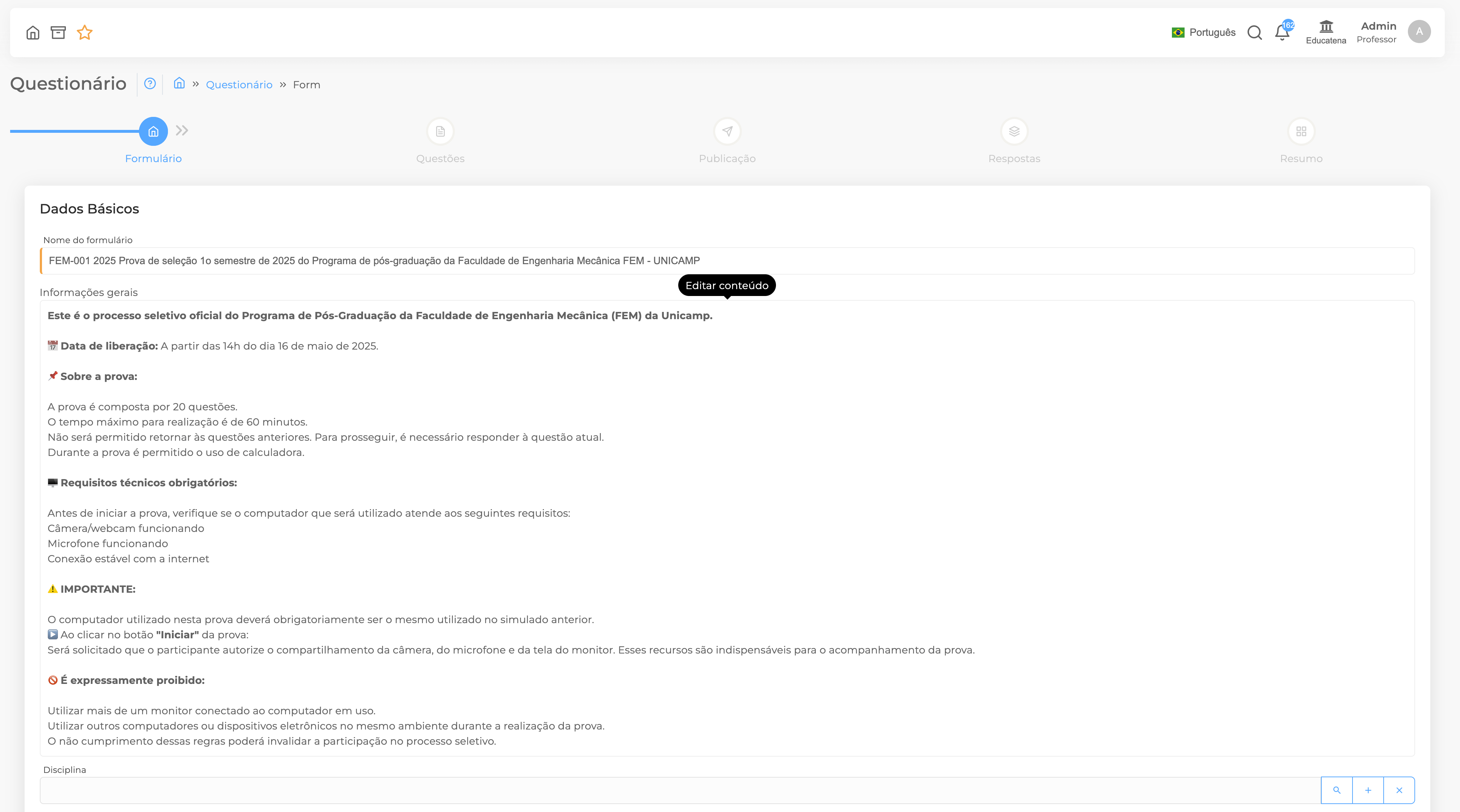 Tela de configuração de uma avaliação EAD na Educatena